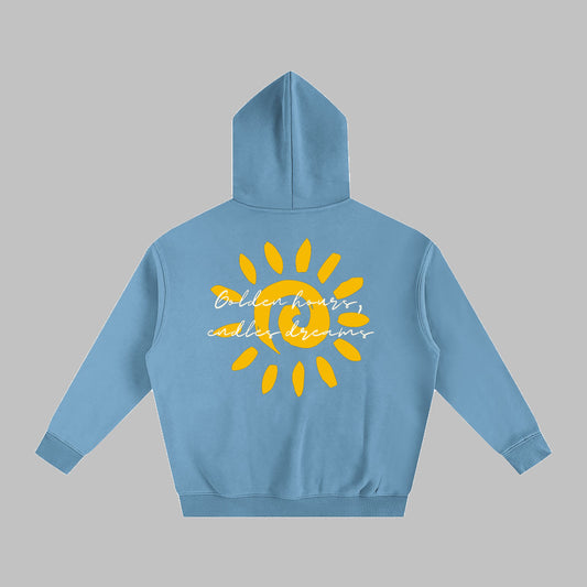 "Golden Hours" Oversize Fleeced Hoodie-Medium Blue